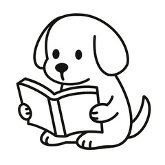 Cute cartoon puppy reading a book – black line art illustration for kids education, school materials, and learning activities

