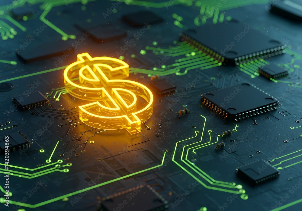 Poster digital currency and blockchain technology concept with dollar sign on circuit board background