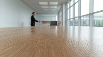Business meeting in modern office.  Two people shaking hands at conference table in bright, open space