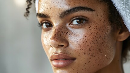 A young woman with long, dark hair is turned slightly to her left, gazing to her right