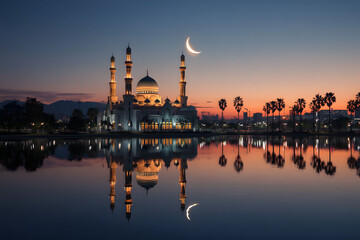 Serene Sunset Reflection of Mosque in Kota Kinabalu