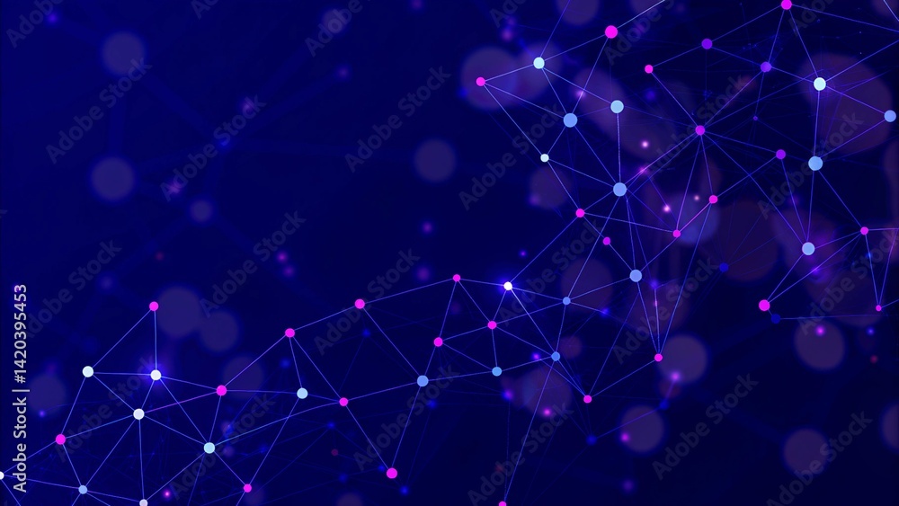 Poster Abstract connection of purple dots on a violet background. Futuristic space. Color music. Digital wave pattern in motion with glowing particles on dark background, futuristic visualization