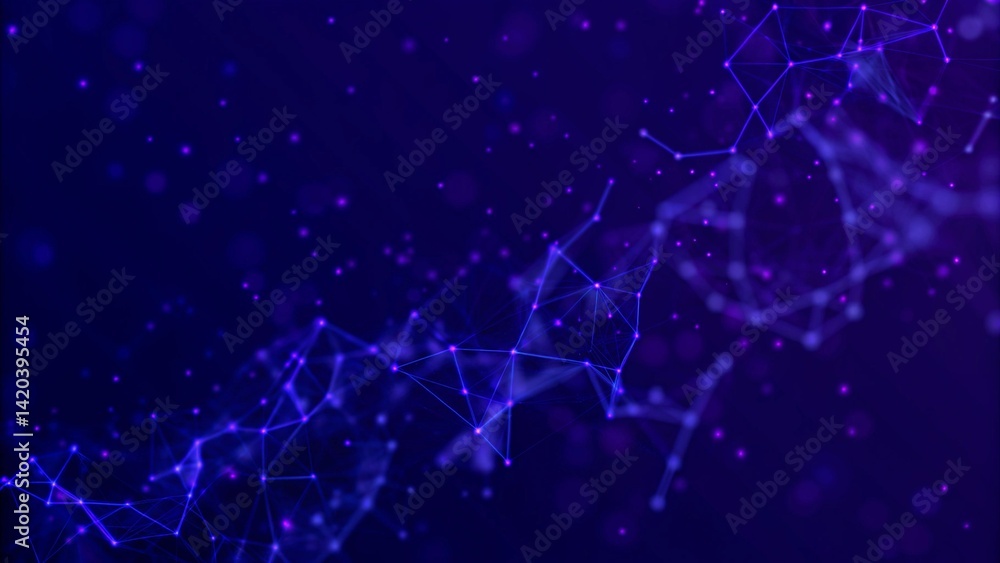 Poster Abstract connection of purple dots on a violet background. Futuristic space. Color music. Digital wave pattern in motion with glowing particles on dark background, futuristic visualization
