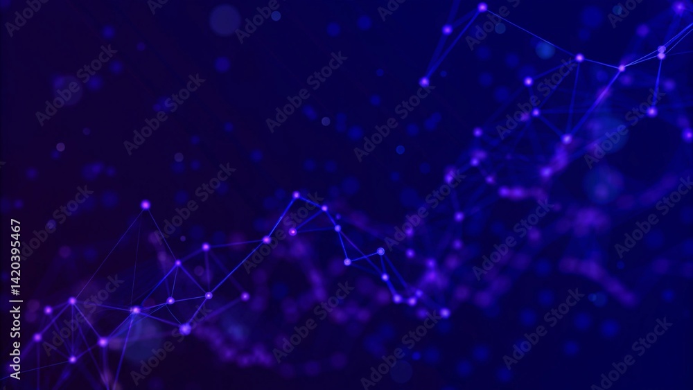 Poster Abstract connection of purple dots on a violet background. Futuristic space. Color music. Digital wave pattern in motion with glowing particles on dark background, futuristic visualization