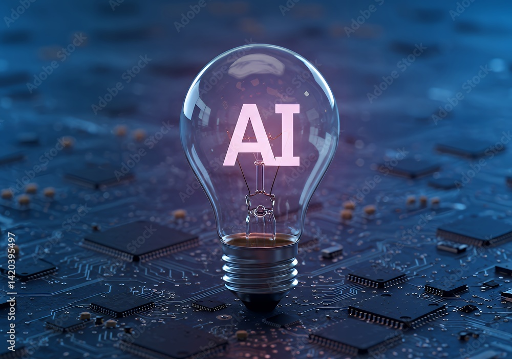 Poster ai artificial intelligence light bulb concept on circuit board for innovation and technology future