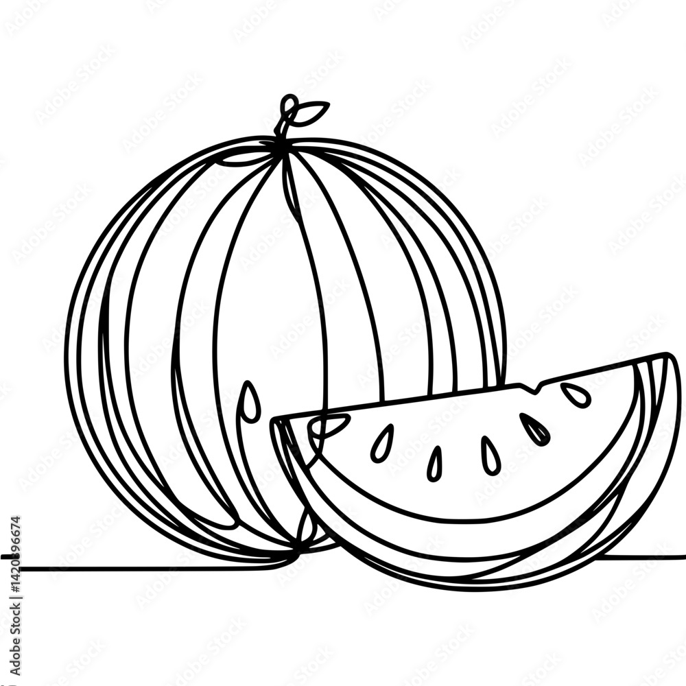 Poster single line drawing of a watermelon and a slice, single line outline vector
