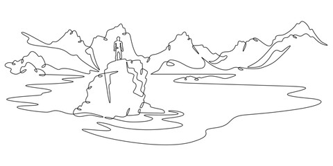Continuous one line drawing  mountain lake.Man on a rock.Mountain landscape.Tourist on the lake.