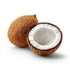 Coconut and halved coconut fruit on white background