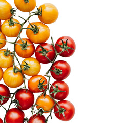 Fototapeta premium Colorful arrangement of ripe red and yellow tomatoes on a clean transparent background captures fresh produce aesthetics, red and yellow tomatoes on transparent background