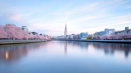 Fototapeta premium Tranquil riverfront cityscape at dawn with cherry blossoms