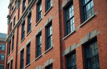 Classic red brick building with dark windows, facade. Architecture, urban complex showcases heritage, historical design. Exterior shows workplace, modern office style, corporate business environment.
