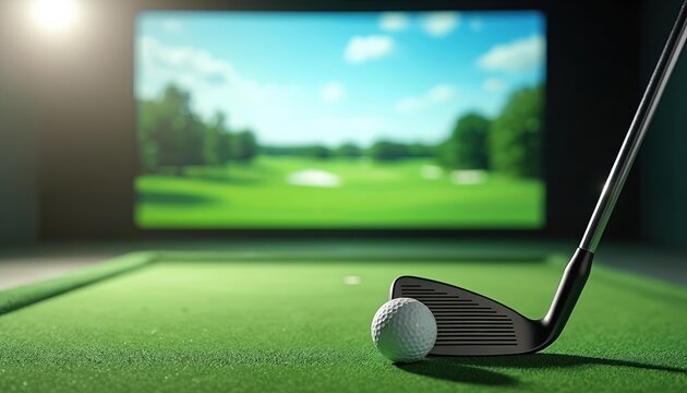 Golf club with ball on green putting mat, golf course projected on screen. Indoor golf practice, sport game simulation, technology, virtual experience, leisure, fun, sport equipment, game.