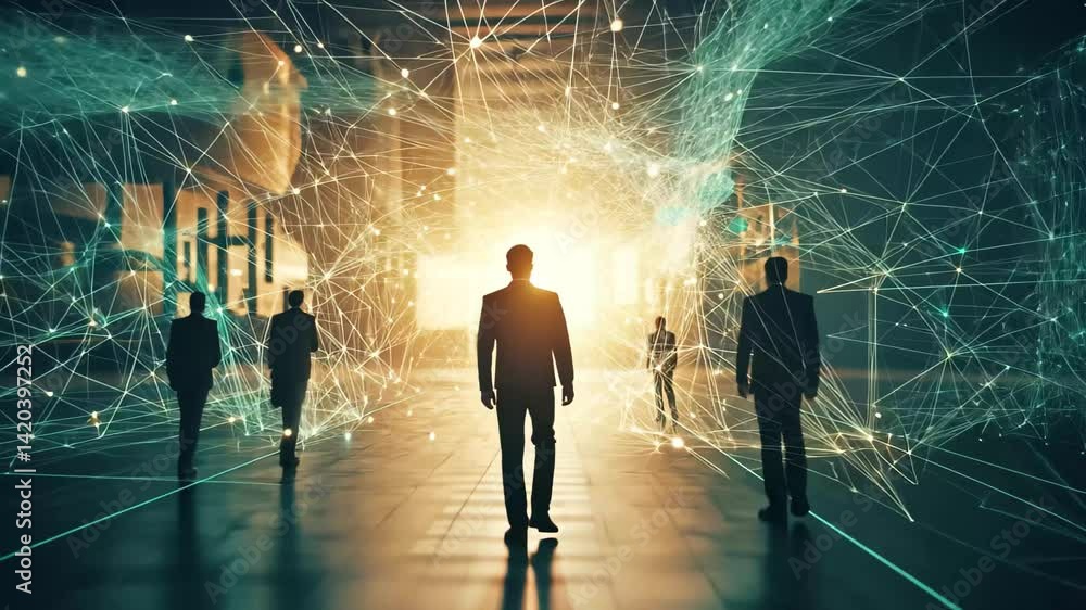 Poster men walk towards a bright light amidst an abstract artificial intelligence network at dawn, artifici