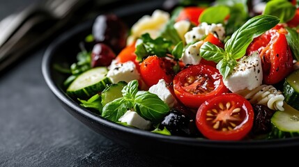 Vibrant salad bowl filled with pasta, vegetables, and cheese.  Fresh, colorful ingredients such as pasta, cherry tomatoes, cucumber, olives, and feta cheese, garnished with fresh basil.
