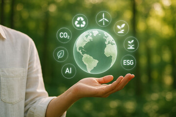 Hand presenting floating holographic planet surrounded by sustainability icons like CO2 reduction, renewable energy, AI and ESG in green forest background