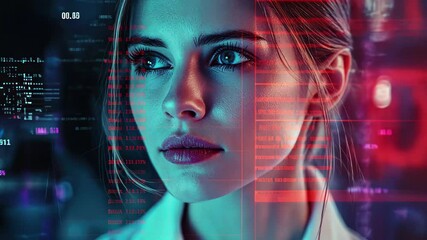 Caucasian female focused on statistics and data processing in a high-tech environment, statistics and data processing over caucasian female doctor - Powered by Adobe