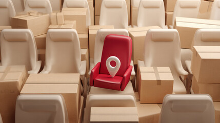 Obraz premium red airplane seat surrounded by cardboard shipping boxes creates unique and intriguing scene, evoking curiosity and sense