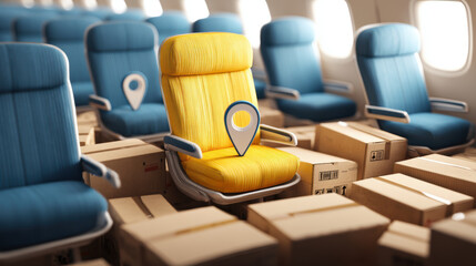 vibrant yellow airplane seat stands out among blue seats, surrounded by shipping boxes, creating unique travel scene