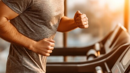 Obraz premium Individual engages in jogging on a treadmill as sunlight fills the fitness center during early morning