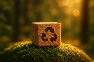 Eco-friendly cork cube with recycle icon on moss in warm forest environment, promoting sustainable lifestyle and environmental awareness..