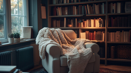 A comfy armchair draped in cozy blankets sits by a window flooded with sunlight. With a nearby stack of books, a full bookshelf, and touches of greenery, the nook radiates calm and comfort.