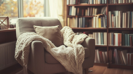 A sunlit window casts a warm glow on a cozy reading nook, where a plush armchair wrapped in soft blankets invites relaxation. Nearby, a well-stocked bookshelf, a stack of books, and vibrant green plan