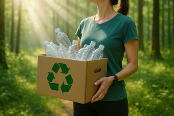 Woman holding cardboard box full of plastic bottles for recycling in a sunlit forest, promoting sustainability and environmental responsibility..