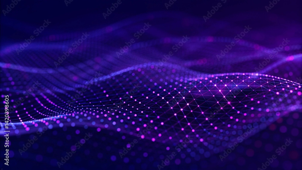 Aufkleber Abstract futuristic wave background. Network connection dots and lines. Digital background. 3d rendering. Modern tech visualization, artificial intelligence concept, glowing neural mesh data