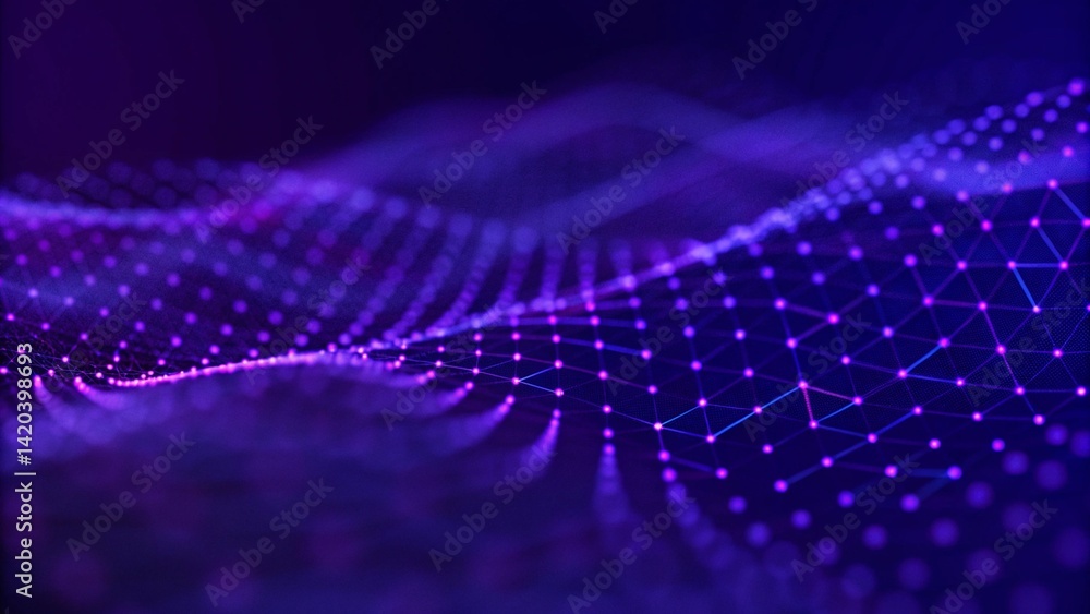Aufkleber Abstract futuristic wave background. Network connection dots and lines. Digital background. 3d rendering. Modern tech visualization, artificial intelligence concept, glowing neural mesh data