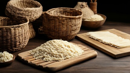Noodles on Wooden Boards and Baskets Rustic Asian Food Still Life, Asian Cuisine , Pasta Ingredients
