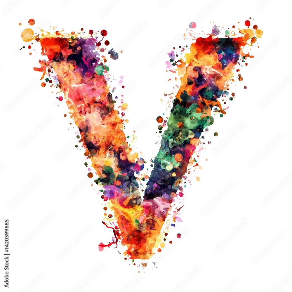 Poster v formed with colorful splashes on transparent background showcasing creative use of consonant lette