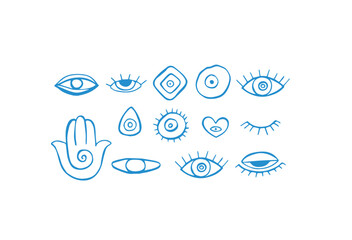 Evil eye vector sketches in mediterranean style. Mystic whimsical set