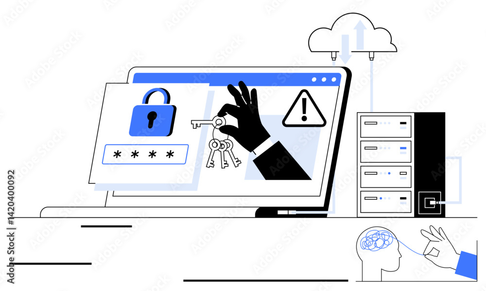 Aufkleber laptop displaying password field, padlock, warning symbol, and hand stealing keys. server stack and 