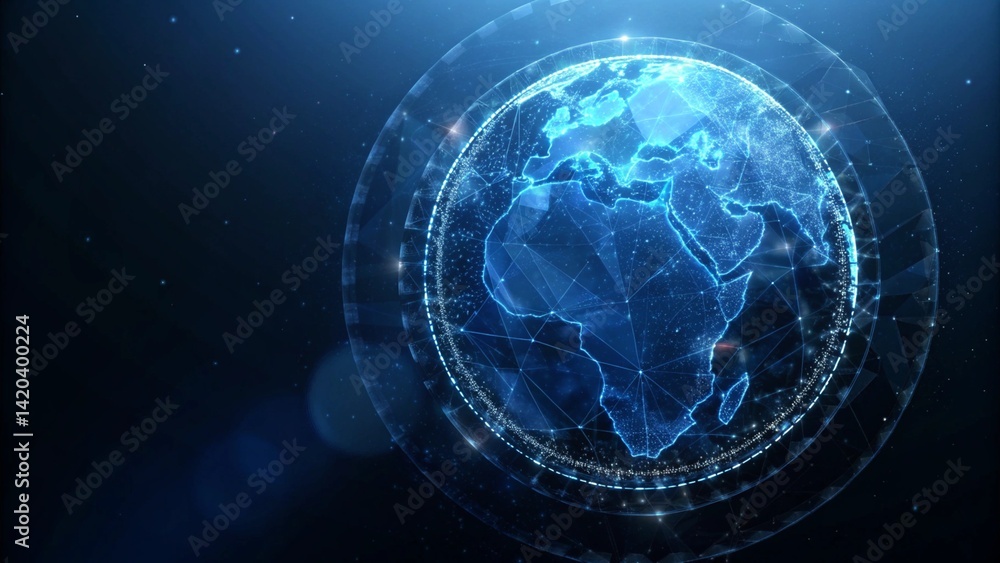 Aufkleber Abstract polygonal planet earth with hologram on dark blue background, digital globe wireframe technology concept future world map visualization data network connection virtual display