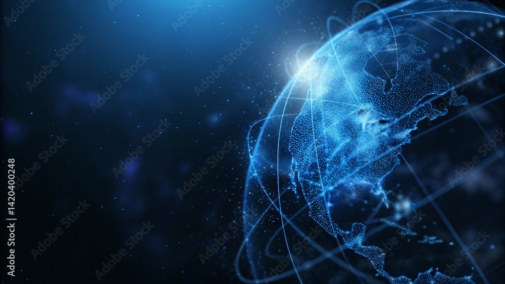 Aufkleber Abstract polygonal planet earth with hologram on dark blue background, digital globe wireframe technology concept future world map visualization data network connection virtual display