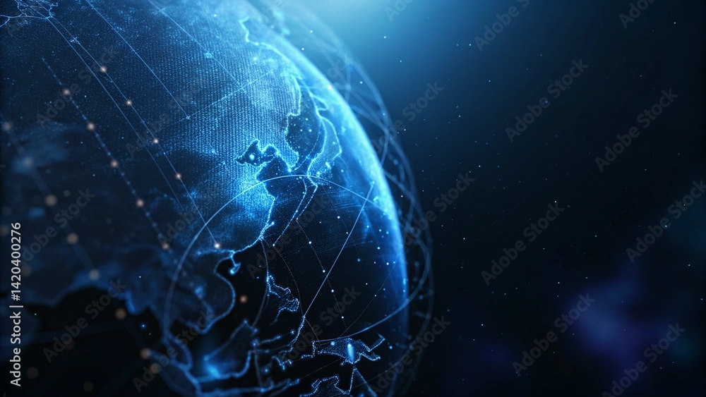Aufkleber Abstract polygonal planet earth with hologram on dark blue background, digital globe wireframe technology concept future world map visualization data network connection virtual display