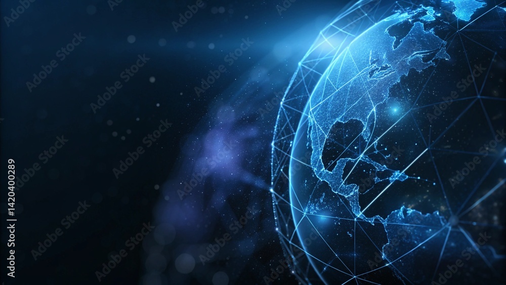 Aufkleber Abstract polygonal planet earth with hologram on dark blue background, digital globe wireframe technology concept future world map visualization data network connection virtual display
