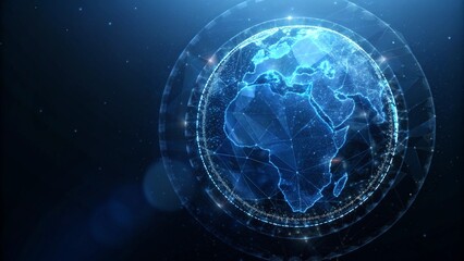 Abstract polygonal planet earth with hologram on dark blue background, digital globe wireframe technology concept future world map visualization data network connection virtual display