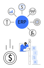 Central ERP hub connecting finance, analytics, HR, tools, and automation, with visuals of money flow and risk management. Ideal for business management, process optimization, strategy risk analysis