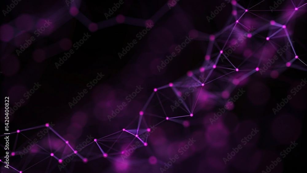Poster Abstract purple background with connecting dots and lines. Structure and communication. Plexus effect. Abstract science geometrical network background. Digital connection mesh visualization.