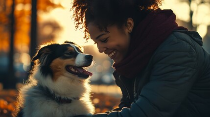 Woman Smiling at a Dog in an Autumn Park Setting