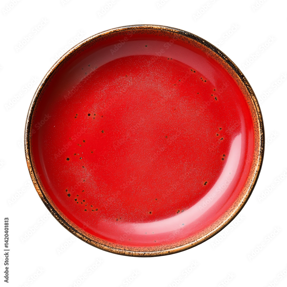 Poster bright red ceramic plate isolated on a transparent background for decorative and functional use in t