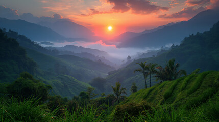 Sunrise Over Misty Tropical Mountains and Terraced Hills in Lush Green Landscape