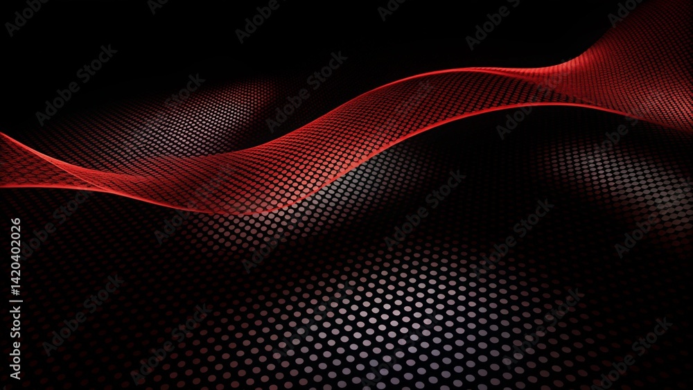 Poster Abstract red wave design flowing on halftone dots pattern background with copy space, modern dynamic motion curve, stylish backdrop, elegant lines template, smooth flow art wallpaper concept