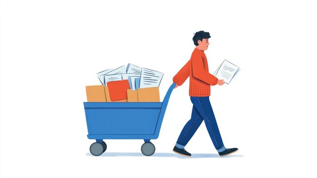 Man pulling cart with documents, walking right, holding papers for organization purposes