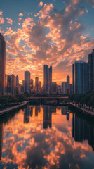 A vertical view of a city skyline reflected i