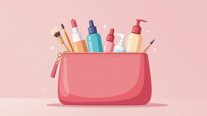 colorful cosmetic bag holds various makeup skin care products carefully arranged flat cartoon vector