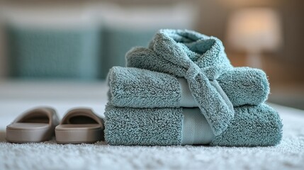 Soft teal towels stacked on a bed with slippers