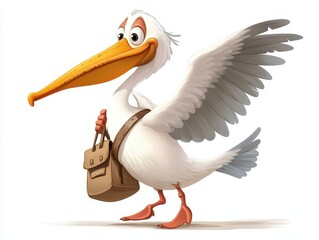 Fototapeta premium Cheerful Cartoon Pelican Soaring with an Open Beak, Carrying a Bag on a Joyful Adventure