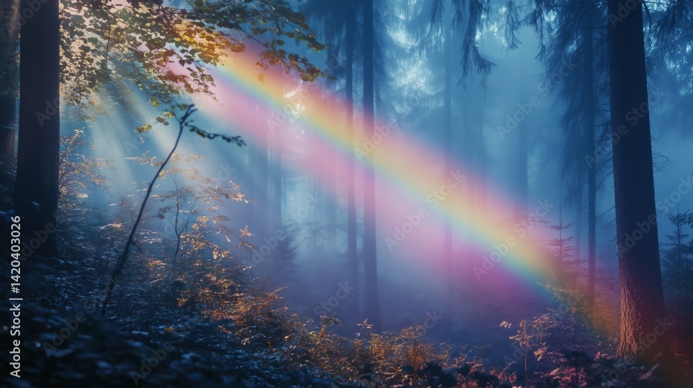Poster a serene forest scene with a vibrant rainbow arching through misty trees. sunlight filters through t